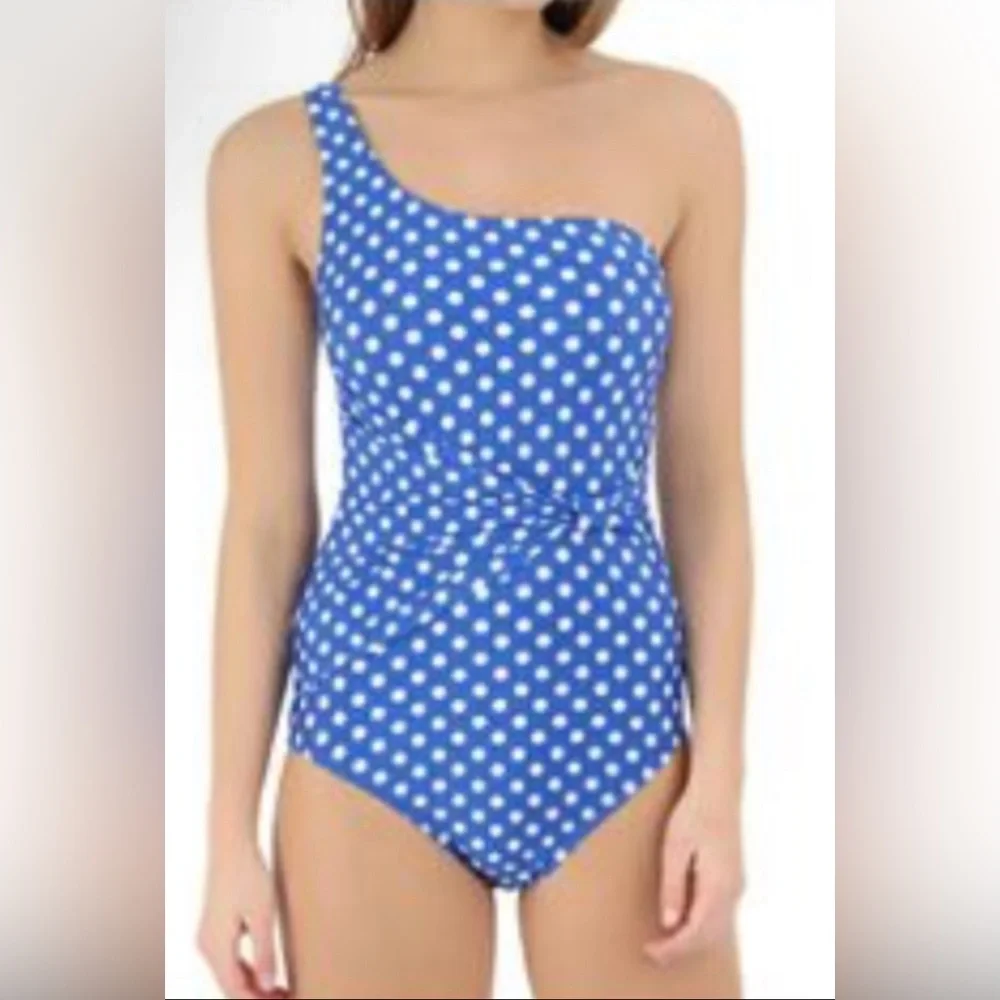 PERRY ELLIS One Piece, Off Shoulder Polka Dot Swimsuit